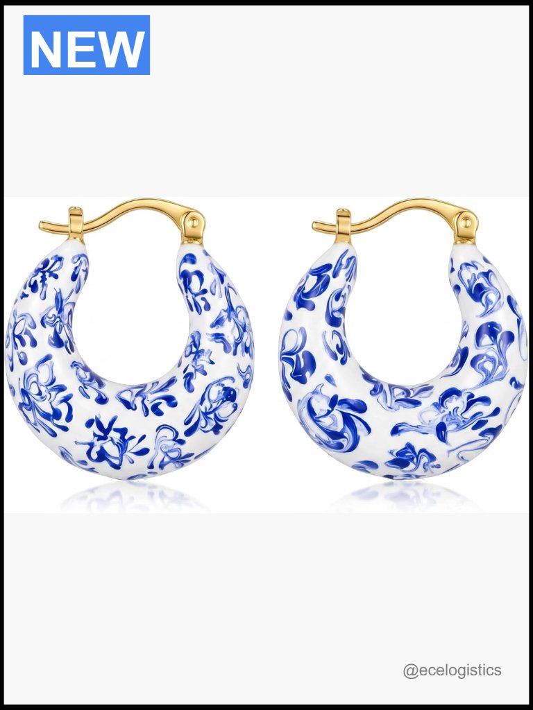 Chunky Blue White Porcelain Drop Dangle Earrings Lever Back